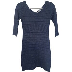 Twenty One Blue Sparkle Bodycon Dress Ruched V Neck 3/4 Sleeve Size Small